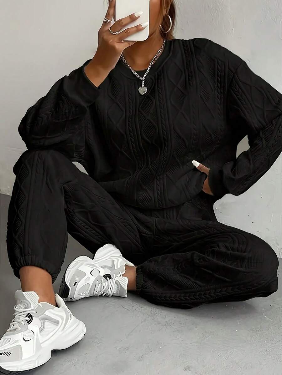 Relaxed Texture Pullover Pants, Long-Sleeved Round-Neck Sportswear And Jogging Pants Combination, Women's Clothing, High-Quality Textured Casual Pullover Set, Releasing A Sense Of Relaxation And Ease - màu đen - Xem 1