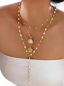 4/1 Set Elegant Vintage Minimalist Style Women Pearl Heart Flower Cross Pendant Y-Necklace Set, Suitable For Women's Daily, Party, Date, Wedding, Vacation, Multi-Layer Wear, Delicate Necklace, 2025 New Collection