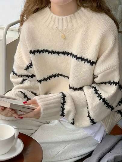 新款女士休闲秋装，条纹针织毛衣长袖上衣