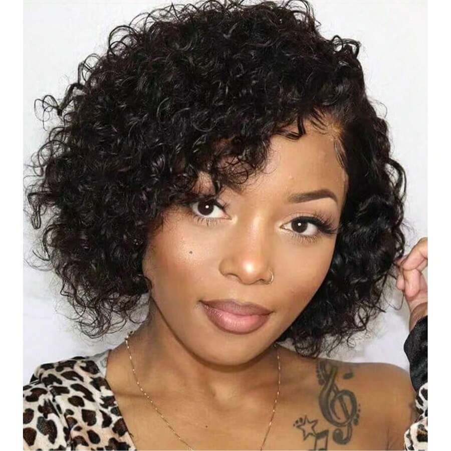 100% 巴西水波真人发假发自然黑色短卷发精灵短发真人发假发全机器制作适合所有种族