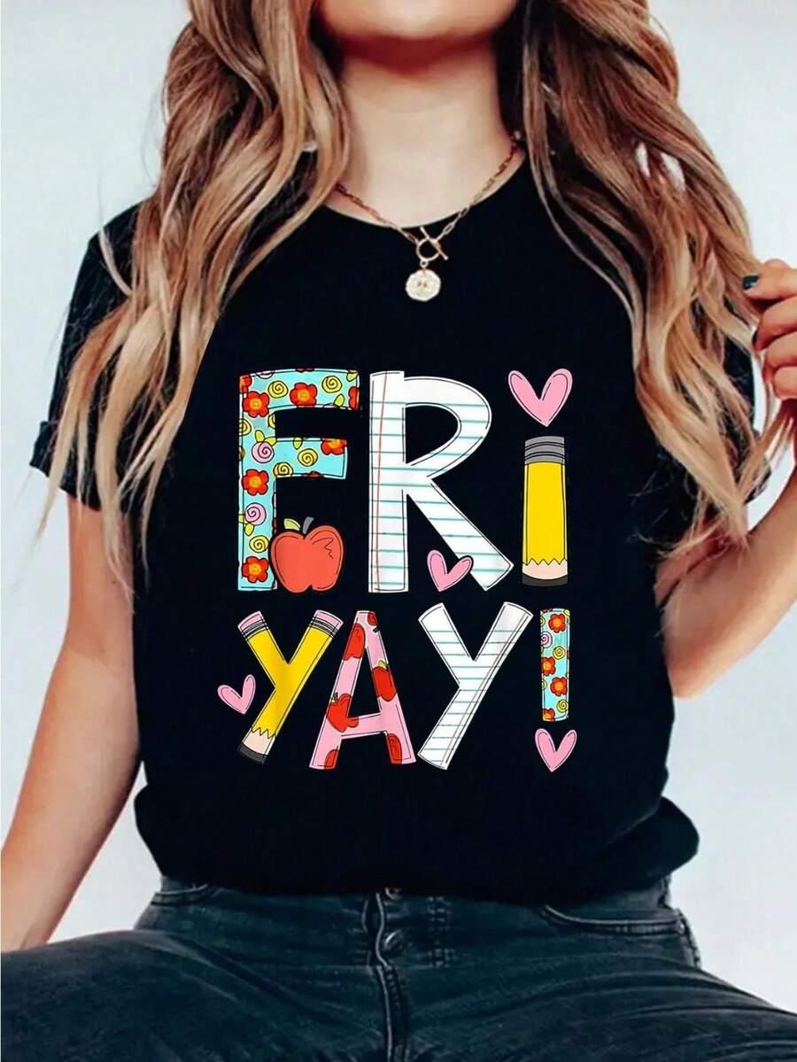 Women's Black Fri-Yay Happy Friday Graphic T-Shirt - Floral Print Casual Short Sleeve Top With Stretch Fabric, Round Neck, Business Casual Woman, Back To, Teacher Appreciation Design, Cute T Shirts - Black - View 1