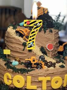 Công trường xây dựng máy xúc sọc vàng và đen chủ đề số 0-9 tiệc sinh nhật kỷ niệm bánh nến trang trí - Nhiều màu - Xem 6