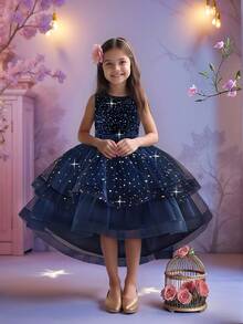 女童无袖圆领亮片蝴蝶结薄纱拖尾蓬蓬裙，优雅大方，适合婚礼和派对穿着，不含头饰 - 藏蓝色 - 查看 5