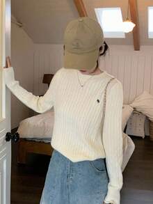 女士优雅纹理圆领毛衣，长袖刺绣套头衫