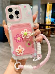 Ốp lưng điện thoại có dây đeo thẻ hình hoa 3D nhiều màu sắc tương thích với iPhone 16 Pro Max/15 Pro Max, New 11, 12, Creative 14 Pro/13, Ốp lưng bảo vệ mềm, Bao gồm tất cả, Nữ, Mùa hè - Hồng - Xem 2