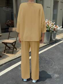 Fisoew Women Two Piece Lounge Set Casual 34 Sleeve Tunic Top And Wide Leg Pants Cozy Fall Outfits Y2K Matching Sets Soft Travel Loungewear Breathable Jogger Suit - Light Brown - 查看 4