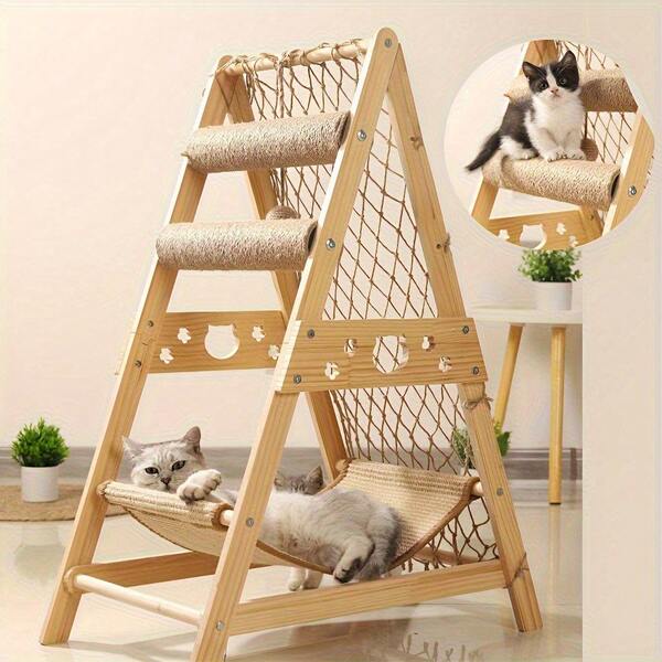 SUNFIONA Multi-Level Cat Tree Tower With 2 Scratching Posts, Sturdy Wood Construction - Modern A-Frame Design, Space-Saving Indoor Cat Activity Center For Climbing, Scratching, Resting - Ideal For Single Or Multiple Cats, Cat Climbing Tower, Modern Pet Furniture