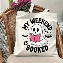 Halloween Book Lover's Tote Bag - Funny Reading Book Print My Weekend Is Booked - Spooky Open Top Shoulder Bag Women & Men - Washable Beige/Black Literary Design - Everyday, Weekend, Parties - Great Readers & Bibliophiles, Book Bag, Casual Carryall, Playful Graphic, Sturdy Construction, Bookish Accessory