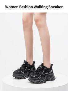 somiliss Teniși cu șireturi și platformă de 6 cm pentru femei, plasă respirabilă, decorați cu strasuri, antiderapanți, pantofi sport casual, versatili, potriviți pentru toate anotimpurile, negri