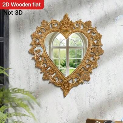 1pc 2D Flat Wooden Gold Mandala Heart-Shaped Mirror - Baroque Style - Gold Wall Mirror, Gold Decorative Mirror, Bedroom And Living Room Wall Decor | Luxury Wall Decor | Romantic Home Decor, 2D Flat