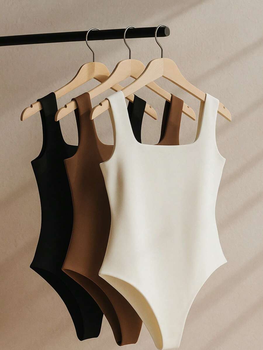 Kit 3 Body Bory Bori Women's Jumpsuit Square Neck Tank Top Thick Strap Winter Colors Suplex Double Layer Basic Travel Party Gift Beach Immediate Shipping Black Beige Brown Gray