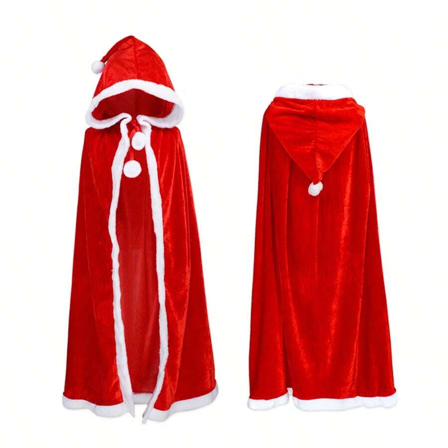 1pc Christmas Costume Cloak, Santa Claus Hooded Cloak, Red With White Furry Trim Tie-Up Thick Windproof Cloak - Christmas Hat Party Outfit For Men And Women