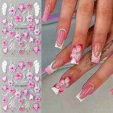 2 Sheets 5D Floral Nail Art Stickers - Pink & White Hibiscus & Butterfly Designs, Self-Adhesive Shimmering Embossed Decals For Summer Nail Art, Luxurious Manicure Decor For Women & Men, Nail Accessories, Elegant Nail Design, Highquality Prints - Hồng + trắng - Xem 4