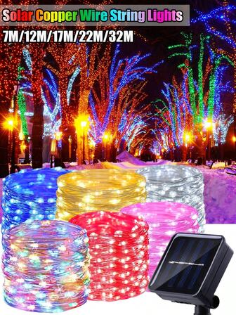 1 件 LED 太阳能户外灯串 - 8 种模式 DIY 铜线仙女花环灯，带暖白/粉色/红色/蓝色/多色，7M 50LEDS/12M 100LEDS/17M 150LEDS/22M 200LEDS/32M 300LEDS 圣诞灯装饰，防水户外太阳能路径灯适用于花园、露台、婚礼、派对、圣诞装饰、悬挂太阳能灯