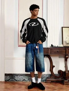 男士宽松针织长袖套头衫，街头风格 - 黑色 - 查看 1