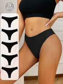 5件装女士性感纯色棉质透气比基尼内裤 - 黑色 - 查看 3