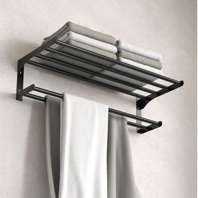 1pc Bathroom Towel Rack - Modern Double-Layer Design, Wall-Mounted, No Drilling Required, Shower Caddy, Bathroom Storage For Towels, Bathrobes, Shower Accessories, Ideal For Bathroom Storage, Space-Saving Structure, Suitable For Home And Hotel Use Bathroom Accessories Bathroom Tools