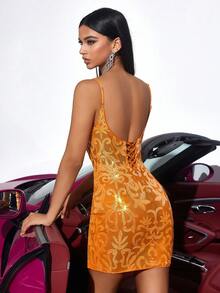 Elegante abito da festa corto con scollo a V in rete, spalline con ricamo di perline, colore giallo latte, senza schienale (posizione del ricamo casuale), adatto per ballo di fine anno, compleanno, appuntamento serale, festa di laurea, matrimonio, ricevimento di famiglia e cocktail festa - Arancione - Visualizzare 2