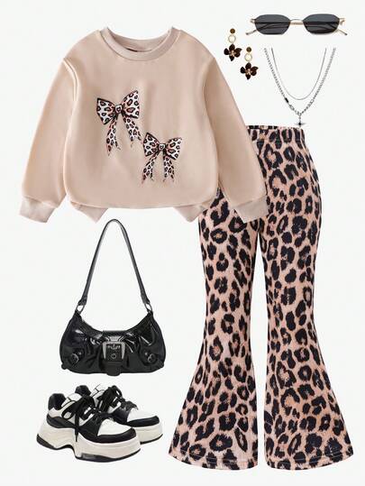 Girls Leopard Print Bow Decor Round Neck Long Sleeve Sweatshirt + Leopard Print Flare Pants Set, Autumn/Winter