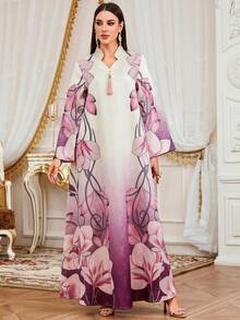 Women's Arabic Middle Eastern Ramadan V-Neck Long Sleeve Jacquard Print Dress With Tassel, Suitable For Eid Al-Fitr, Eid Al-Adha, Home Party, Date, Casual, Elegant Vintage Abaya