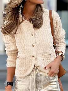Ladies' Solid Color Front Button Wavy Casual Knitted Cardigan