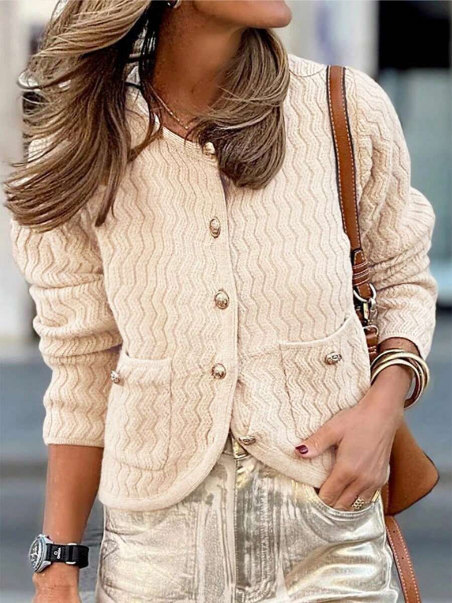 Ladies' Solid Color Front Button Wavy Casual Knitted Cardigan