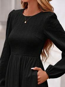 Womens Long Sleeve Fall Dresses Casual Crew Neck Smocked High Waist Tiered Flowy Maxi Dress With Pockets - 黑色 - 查看 5