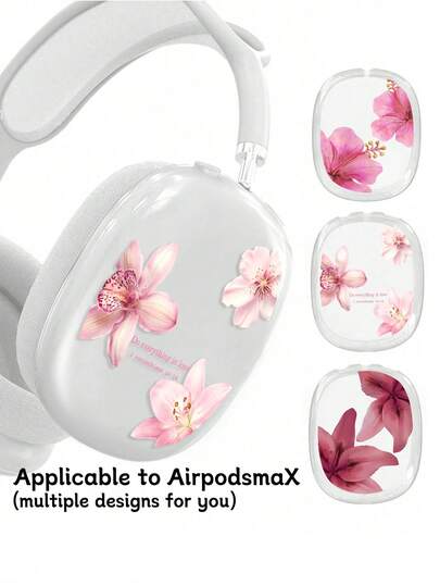 1 Pair Romantic Transparent Lily Flower Plant Print TPU Earphone Protective Case, Soft Anti-Scratch Clear Protective Cover Compatible With Airpods Max, Wireless Shock-Proof Headset Earpads Cover, Suitable For Personal Use Or As Christmas/New Year Gift
