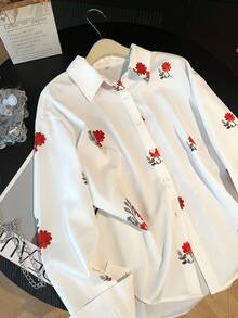 印花长袖纽扣衬衫，优雅大方，适合海滩、度假、通勤等场合，宽松版型，春夏女款 - 白色 - 查看 9