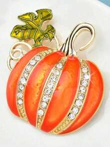 Glittering Crystal Pumpkin Brooch, Enameled Zinc Alloy Material, Suitable For Halloween And Casual Decoration - 橘色 - 查看 6
