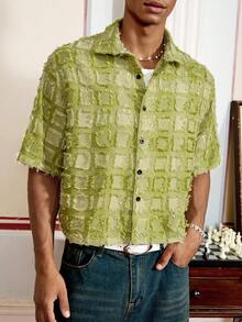 Chemise courte à manches courtes tissée à carreaux pour hommes, idéale pour l'été, élément essentiel du streetwear - Vert - Voir 4