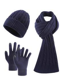 3 件套男士简约纯色条纹针织帽、围巾、露指手套套装，柔软保暖内衬，保暖防风，适合秋冬户外、运动、休闲蓬松 - 彩色 - 查看 14