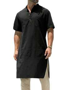 Mens Kurta Cotton Linen Henley Shirts Kaftan Short Sleeve Lounge Plain Gown Shirt-20256688 - 酒紅色 - 查看 6