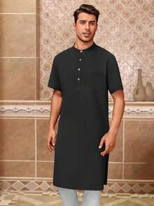 Mens Kurta Cotton Linen Henley Shirts Kaftan Short Sleeve Lounge Plain Gown Shirt-20256688 - 酒紅色 - 查看 7