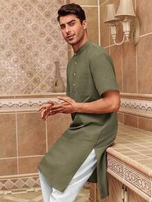 Mens Kurta Cotton Linen Henley Shirts Kaftan Short Sleeve Lounge Plain Gown Shirt-20256688 - xanh quân đội - Xem 3
