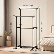 1 pieza Perchero rodante ajustable de varilla doble y varios niveles - Organizador de ropa de metal autoportante con estantes y ganchos laterales, fácil de mover, adecuado para almacenamiento en el hogar, dormitorio, armario, organización de tiendas minoristas, estructura de marco resistente - Multicolor - Ver 3