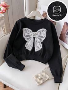 Girls' Elegant Beaded Bow Short Knit Pullover Sweater, Suitable For Casual Daily Wear, Spring, Autumn, Winter - Black - View 1