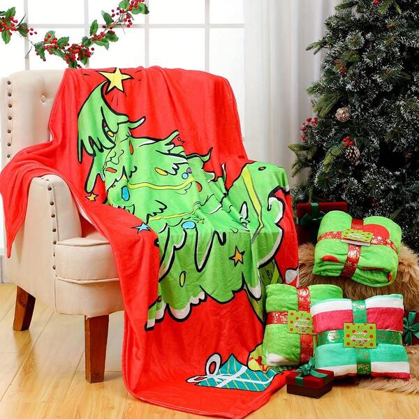 1pc Soft Plush Comfortable Christmas Throw Blanket - 50" X 60", Green & Red Christmas Tree Pattern, Suitable For Sofa, Bedding, Christmas Decor, Gift