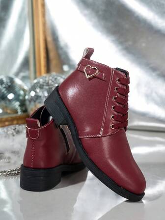 Fall/Winter 2025 Women's New Burgundy Lace-Up Side Zipper Heart Decor Luxurious Fashion Versatile Biker Ankle Boots, Casual Outdoor European & British Style Chunky Heel Vacation Recommended Fairy Chic French Minimalist Ankle & Short Boots