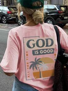 Women's Petite Size GOD Slogan Graphic Round Neck Short Sleeved T-Shirt , Casual Loose And Versatile Holiday Style Oversize Tops, Fashionable Summer Suitable For Daily Holiday Wear