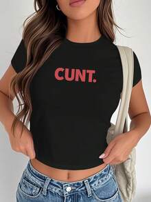 1pc Word Bold Pinkish Red  Typography Women's Fashion Short Sleeve T-Shirt, Y2K Clothes, Back To School Clothes, Vintage Clothes, Street Wear, Rock, Holiday, Vacation, Festival, Summer Tops - 黑色 - 查看 5