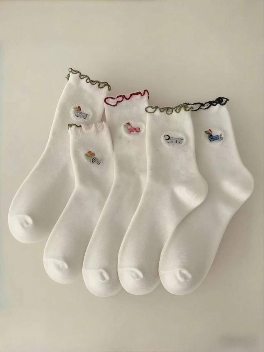 5 Pairs Lace Trim Cartoon Puppy Ruffle Ankle Socks, Random Assorted Delivery - Multicolor - View 1