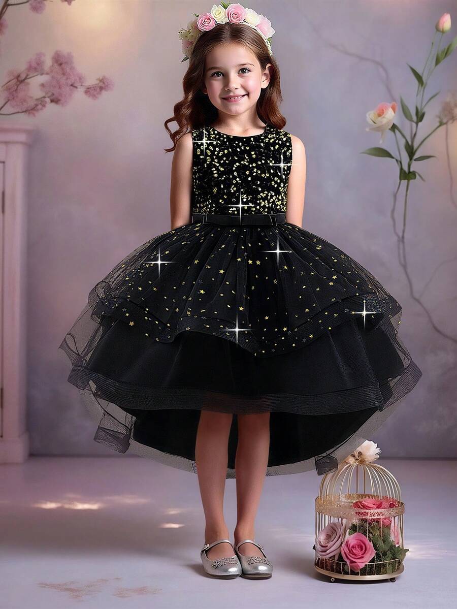 Váy xòe bồng bềnh không tay cổ tròn đính nơ sequin cho bé gái, thanh lịch & dành cho đám cưới & tiệc tùng, không bao gồm băng đô - màu đen - Xem 1