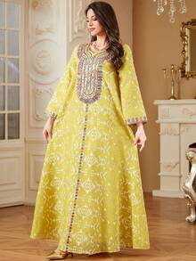 Women's Robe, Islamic Dubai Dignified Embroidered Luxurious Fashion Long Robe, Abaya Dress, Round Neck Arabic Robe Spring - Yellow - View 4