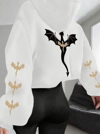 Plus Size Women Starry Sky Dragon Silhouette Pattern Sweatshirt | Loose Casual Autumn/Winter White