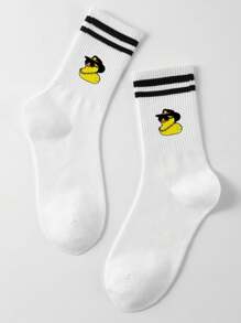 1/5/9 Pairs,Yellow Duck Cartoon Pattern Women's Mid-Calf Socks Set,Women's Fringed Socks,Plush Socks, Fall Clothes,Accessories,Knee High Socks,Halloween Gifts,Stitch Stuff,Christmas Gifts,Black Double Bar - Multicolor - View 19