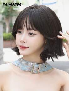 NAMM 12 Inch Short Curly Wigs For Women - Modest Fashion Wave Wig Curtain With Bangs,Dark-Brown Soft Silky Heat-Resistant Synthetic Fiber Wigs For Daily Use, Perfect For Holidays Music Festivals Celebrations-Sakura Celebrations Glam & Party Street Wear Photography Use - 棕色 - 查看 4