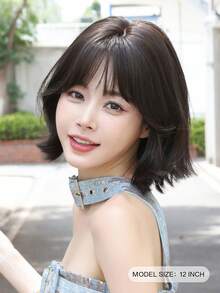 NAMM 12 Inch Short Curly Wigs For Women - Modest Fashion Wave Wig Curtain With Bangs,Dark-Brown Soft Silky Heat-Resistant Synthetic Fiber Wigs For Daily Use, Perfect For Holidays Music Festivals Celebrations-Sakura Celebrations Glam & Party Street Wear Photography Use - 棕色 - 查看 3