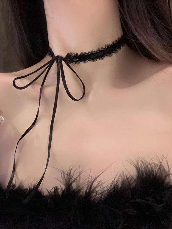 2024 Neue Schleife Spitze Krawatte Choker Halskette für Frauen, elegante mehrschichtige Schlüsselbein Kette Schmuck