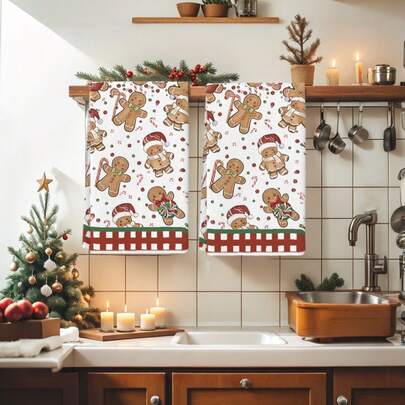 2 件水彩蓝色小矮人雪花铃铛小矮人圣诞树姜饼人圣诞老人麋鹿雪人图案厨房毛巾农舍农场装饰手巾茶巾厨房干燥洗碗布节日派对用品乔迁礼物浴室手巾适用于厨房餐厅餐桌